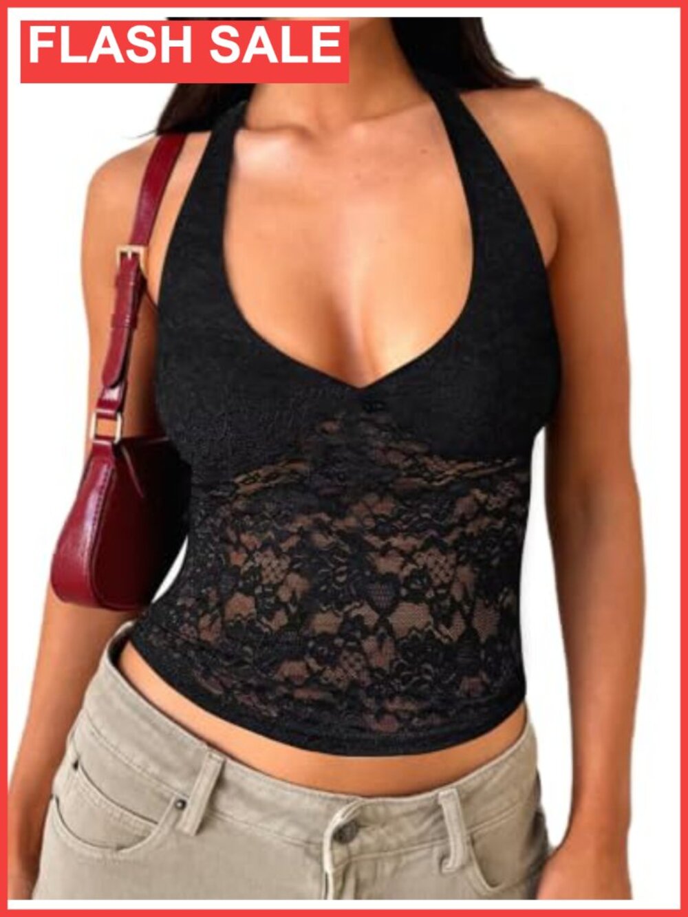 Womens Floral Lace Halter Crop Top Y2K Backless Tank